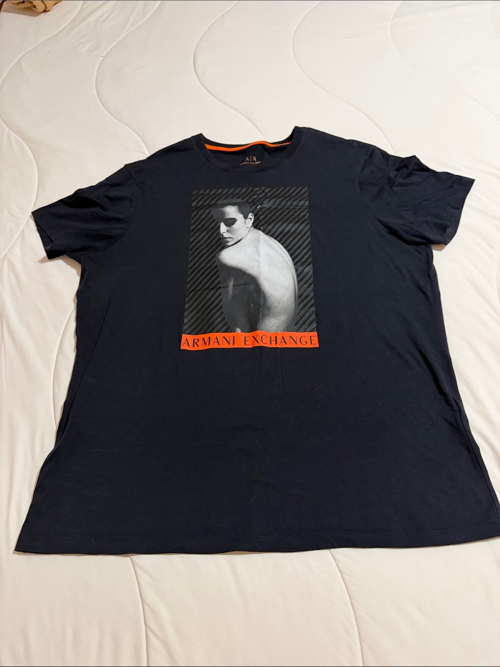 Armani Exchange Black Graphic Crew Tee with Orange Logo Accent